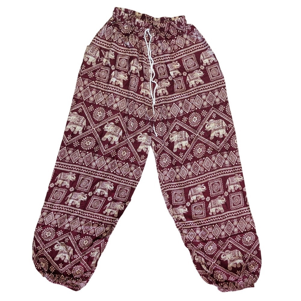 Burgundy harem pants Thaiโ elephant pattern and elasticated ankle cuffs Boho